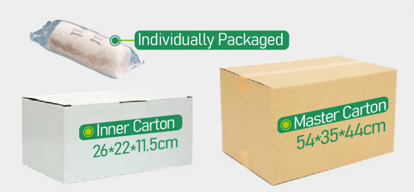 Packaging and package dimensions of white and light brown polyester elastic bandages