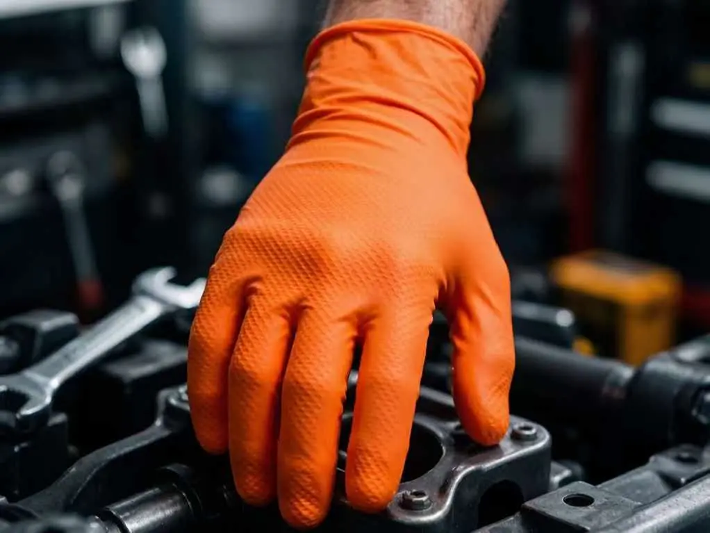 diamond textured nitrile gloves orange automotive mechanic European workshop