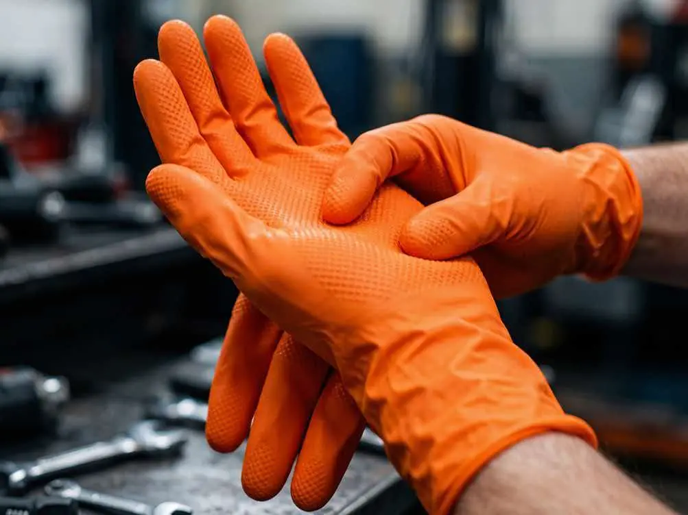 Orange diamond-textured nitrile gloves worn by mechanic in auto repair workshop, heavy duty anti-slip industrial protective gloves
