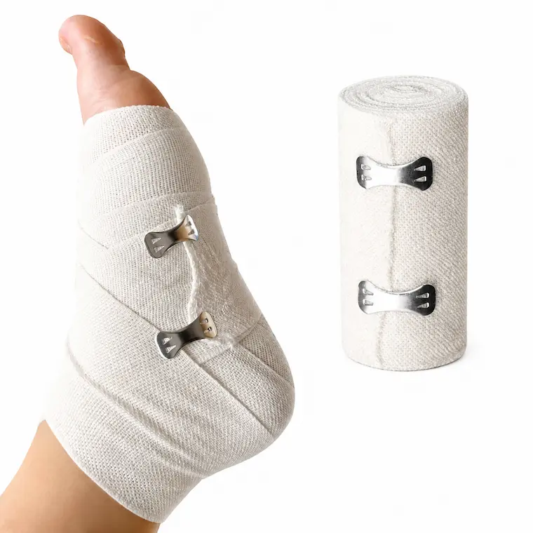 Non-adhesive polyester elastic bandage applied to ankle – compression wrap for sprain support and injury recovery