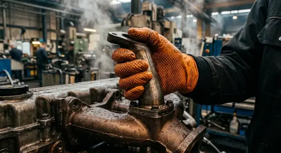 Heavy duty orange diamond textured nitrile glove holding warm metal component in humid industrial workshop
